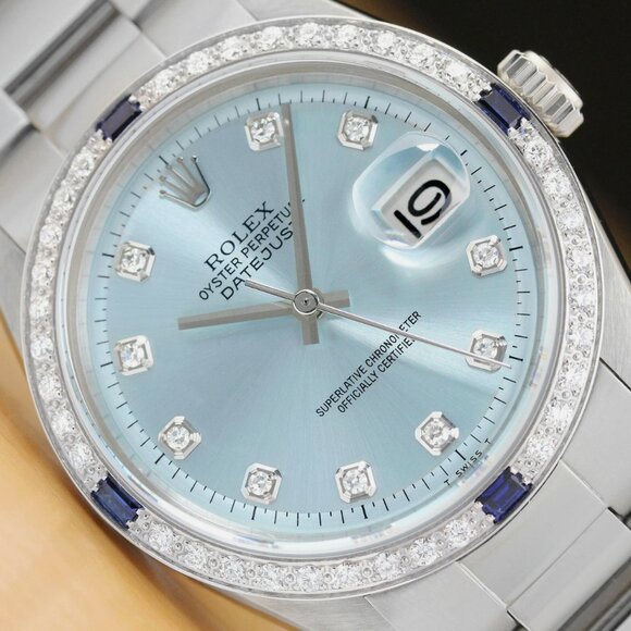 MENS ROLEX DATEJUST BLUE 18K GOLD SAPPHIRES WATCH - Picture 1 of 7